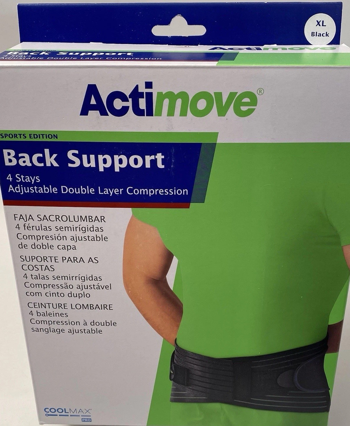 Back Support Size XL Adjustable Double Layer Compression Black Actimove XLarge