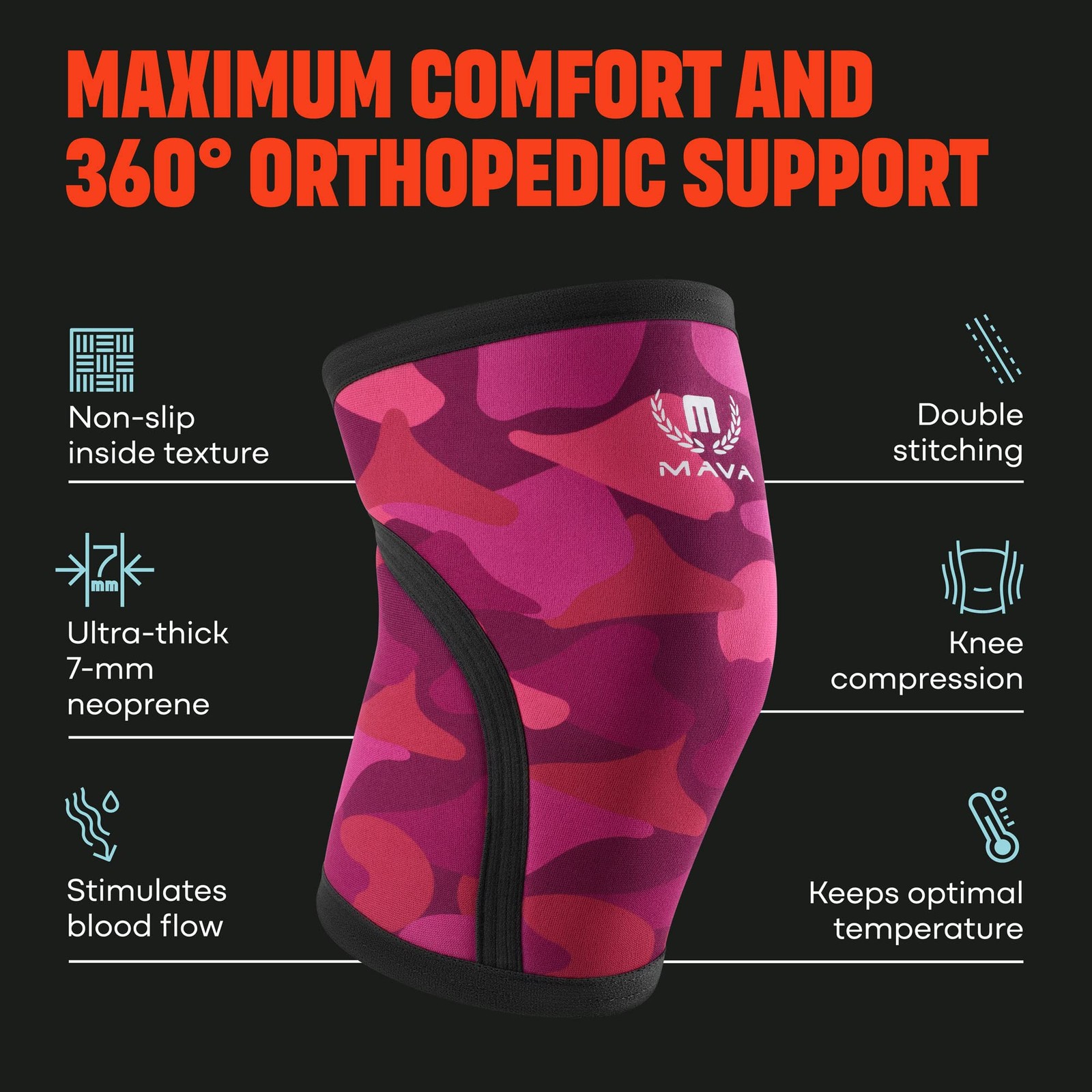 Mava Sports Pair of Knee Compression Sleeves for Weightlifting, Cross Training W