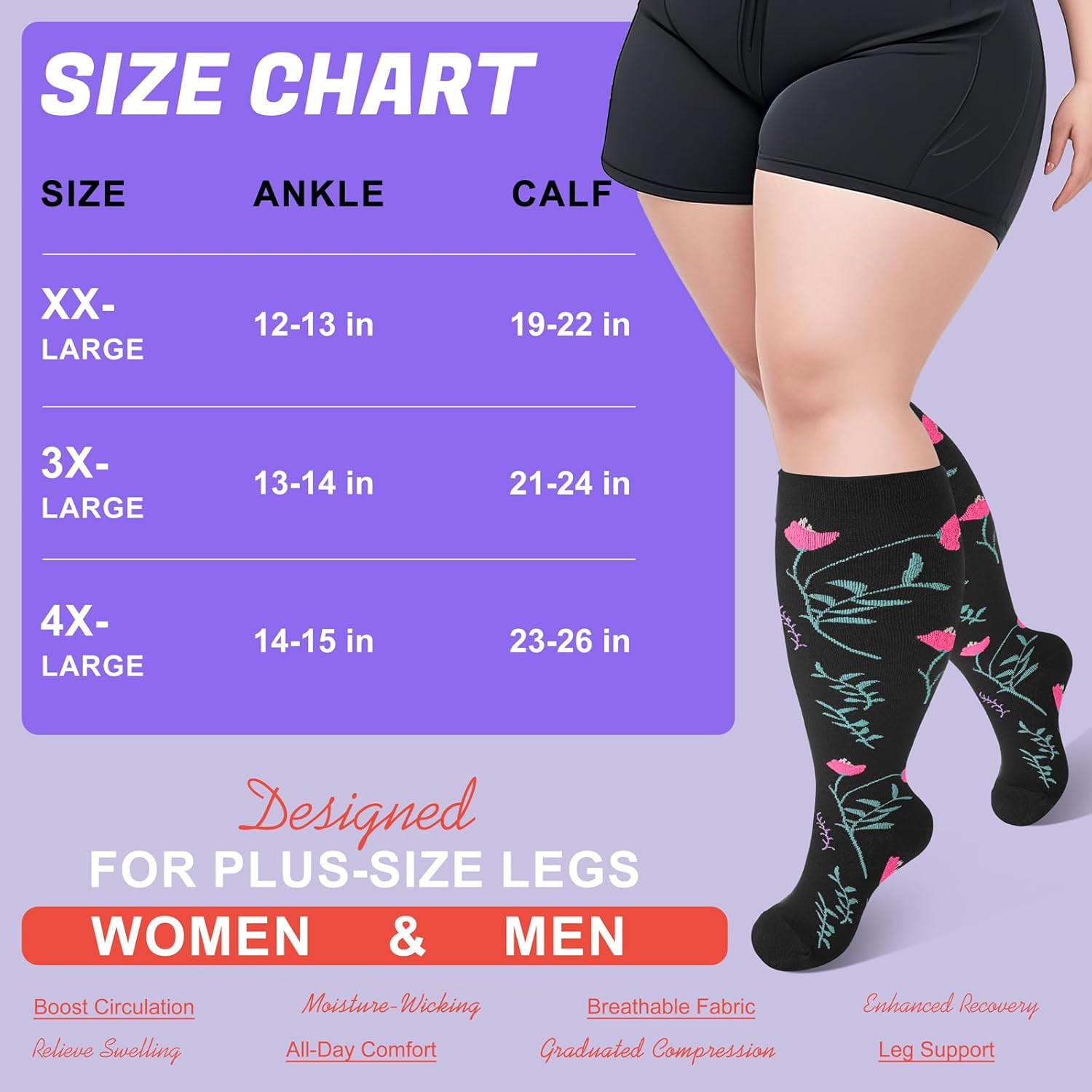 4 Pairs Plus Size Compression Socks,Extra Wide Calf 20-30 mmHg Knee High Compres