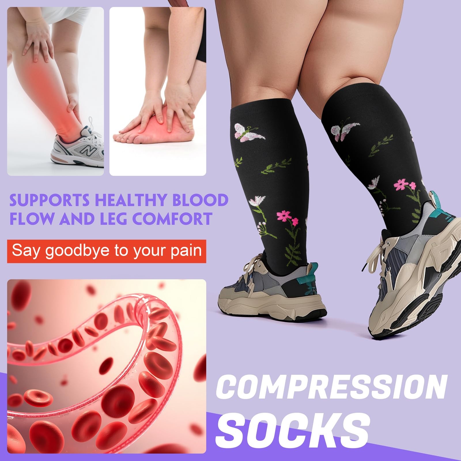 4 Pairs Plus Size Compression SocksExtra Wide Calf 20-30 mmHg Knee High Compr…