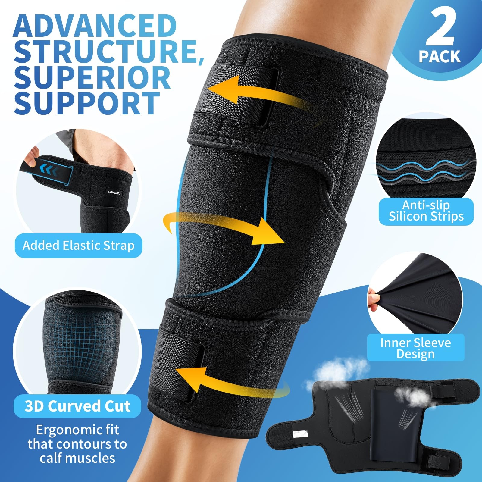 Calf Brace – Adjustable Compression Sleeve, 2 Pack
