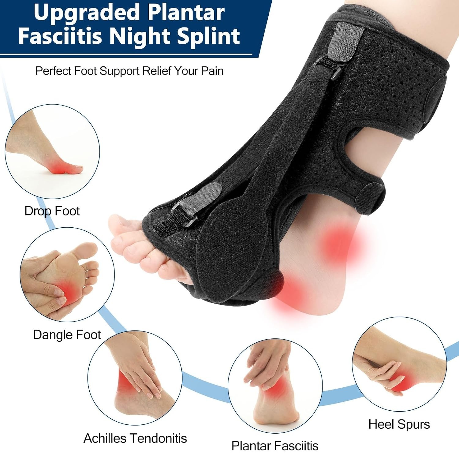 Plantar Fasciitis Night Splint – 3 Adjustable Straps for Pain Relief, Black