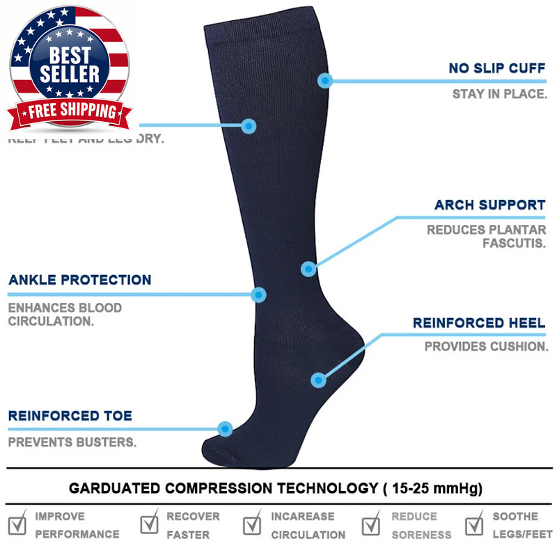 2Pairs Compression Socks Running Sports Socks Nursing 20-30Mmhg for Flight Trave