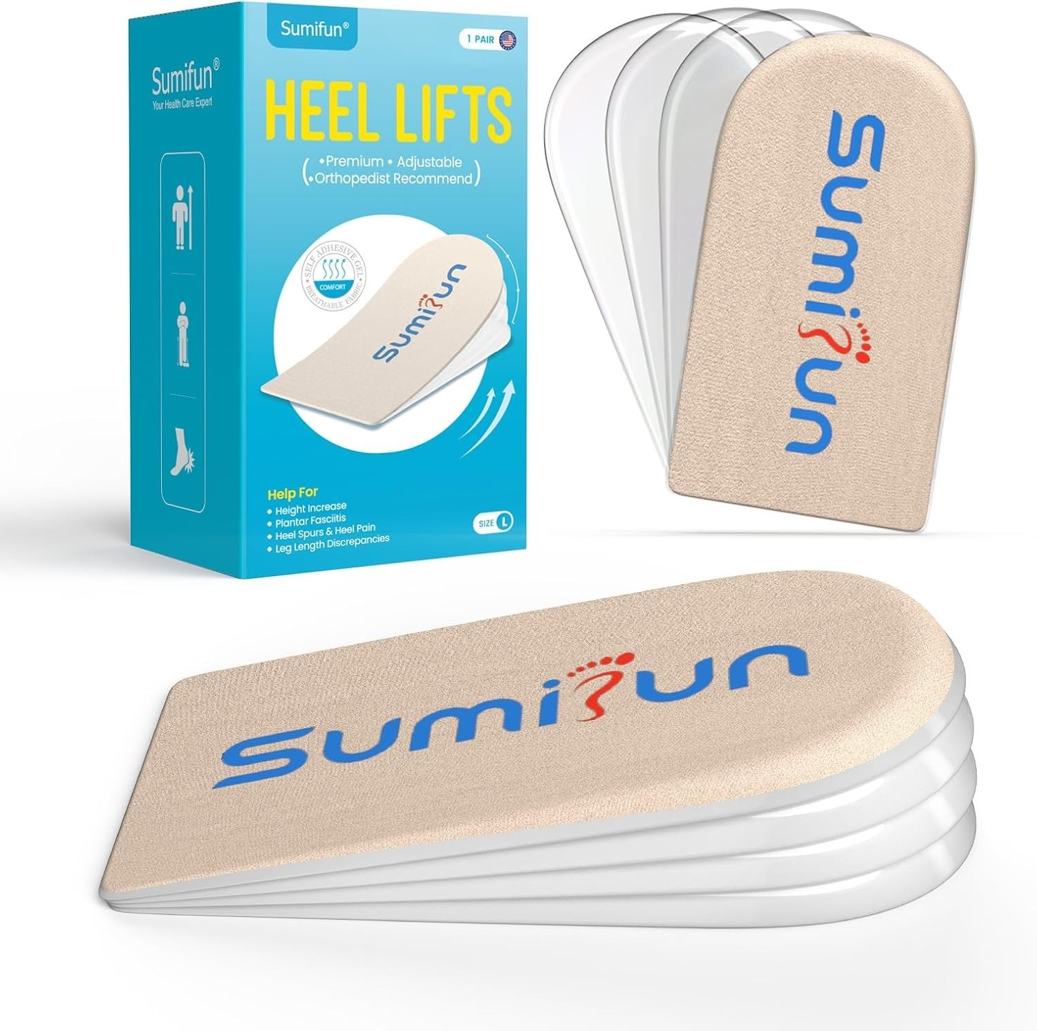 Adjustable Gel Heel Lifts (1 Pair), 1″ Height Increase Insoles with High-Density