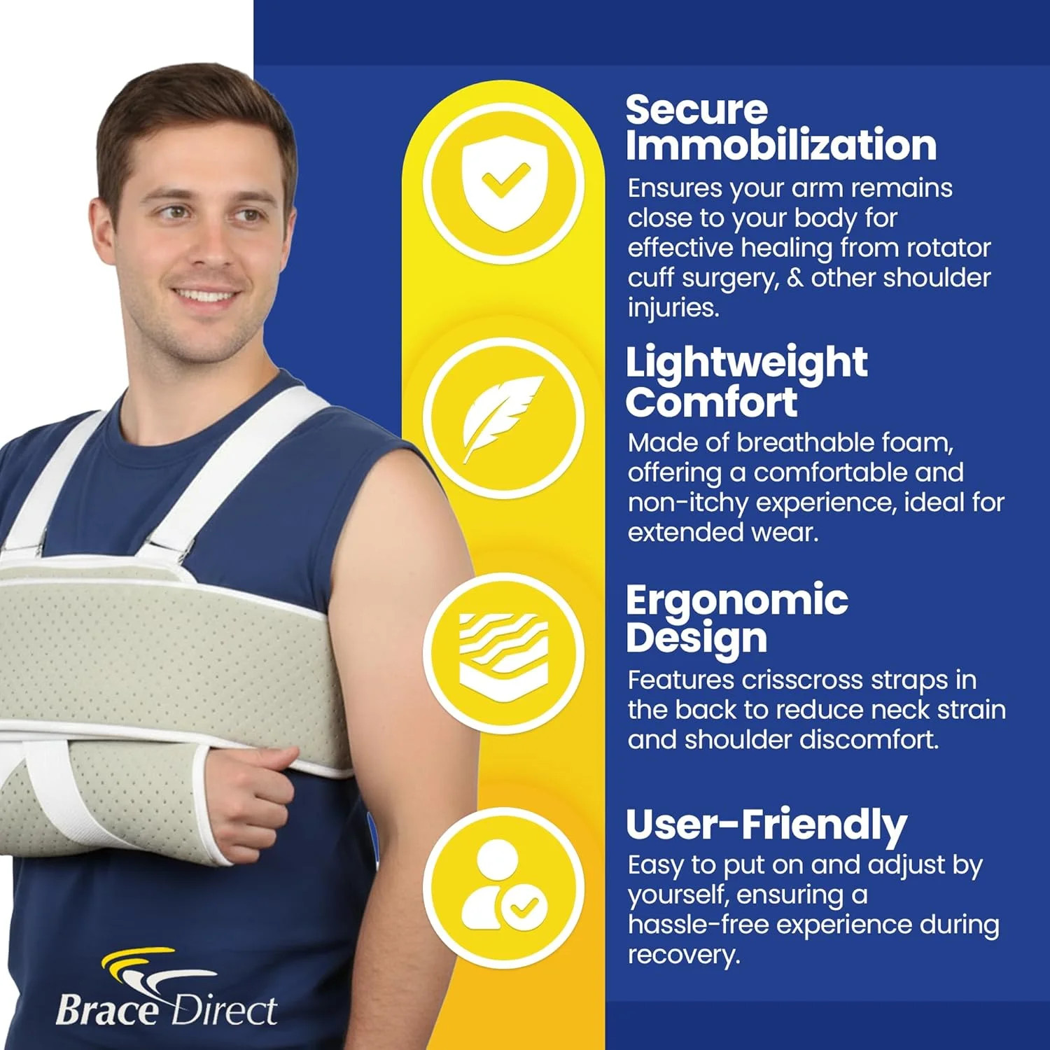 Brace Direct Adjustable Foam Arm Sling Shoulder Immobilizer for Rotator Cuff Rep