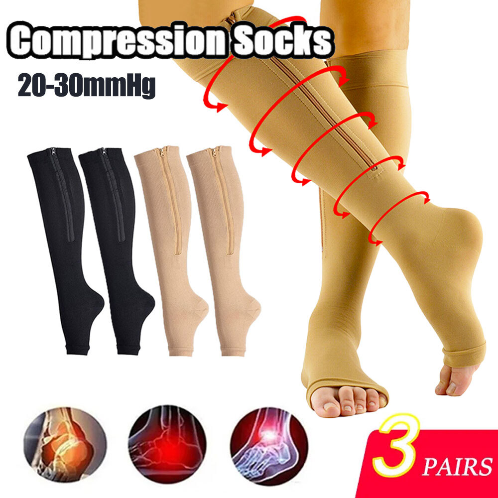3 Pair Zipper Toeless Compression Socks Circulation Support Stockings 20-30mmHg