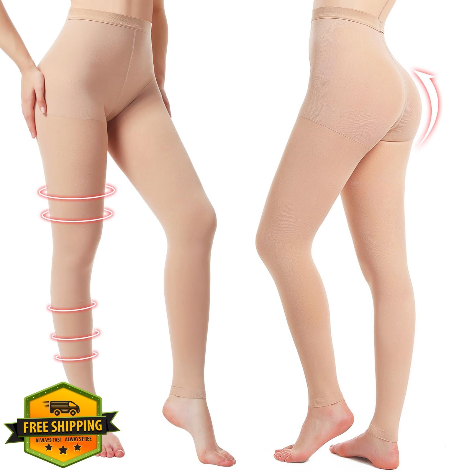 2 Pairs Women’s Compression Pantyhose Opaque Footless 20-30mmHg Support