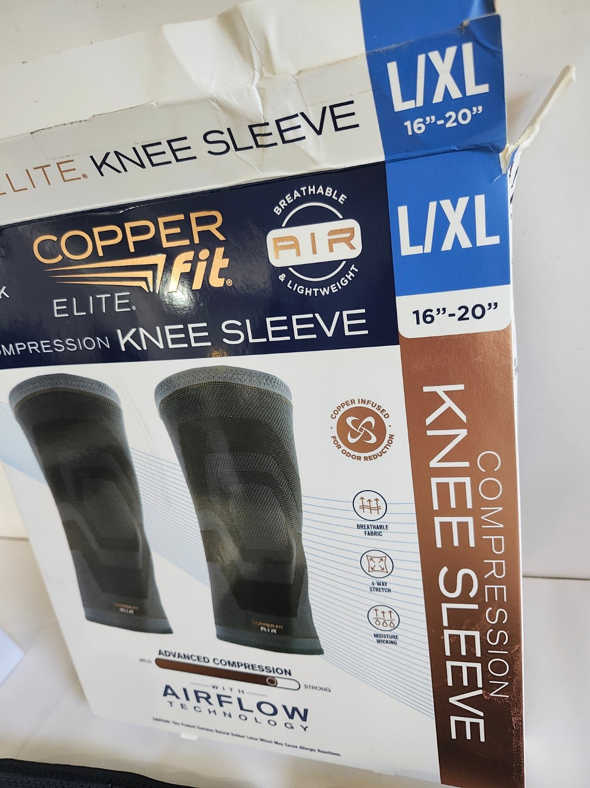 Elite Copper Fit Knee Compression Sleeve Flexible L/XL 16″-20″, 2-PACK Open Box
