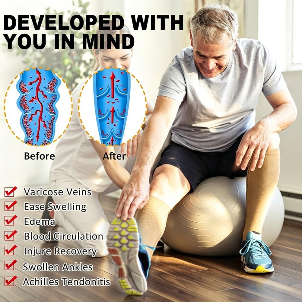 2 Pairs Compression Socks 15-20 mmHg Knee High Support for Varicose Veins & Edem