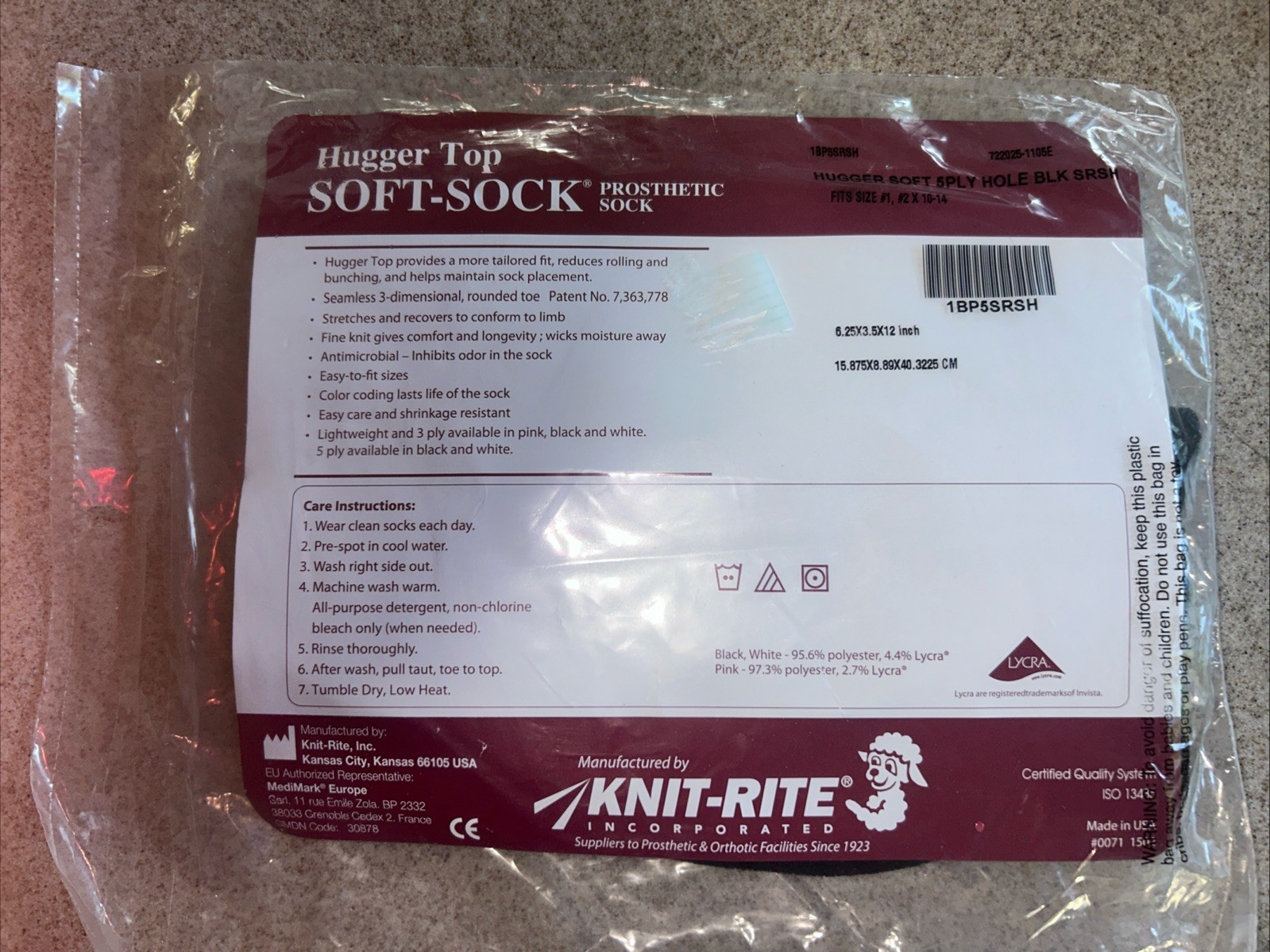 Knit-Rite Prosthetic Leg Soft-Sock Sz 1, 2, X 10-14, 5 Ply Hole Hugger Top Black