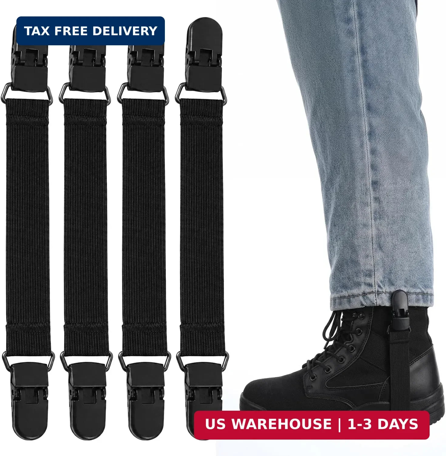 4 Pcs Adjustable Boot Straps, Elastic Pant Leg Straps with Clips | Nylon Black P