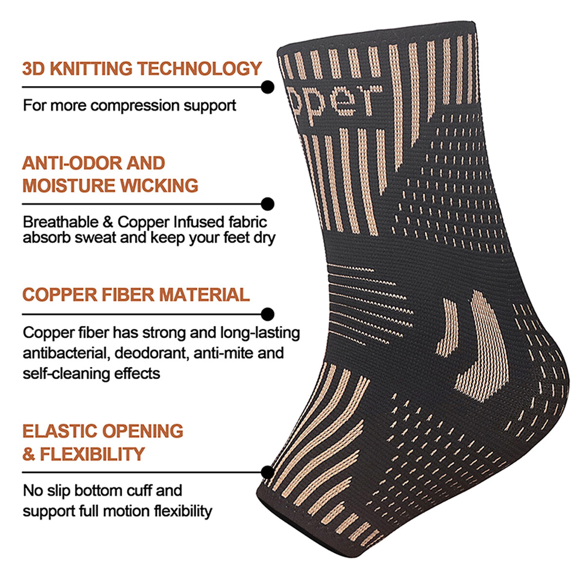 Copper Ankle Support Brace Compression Sleeve Socks Stabilizer Foot Pain Relief