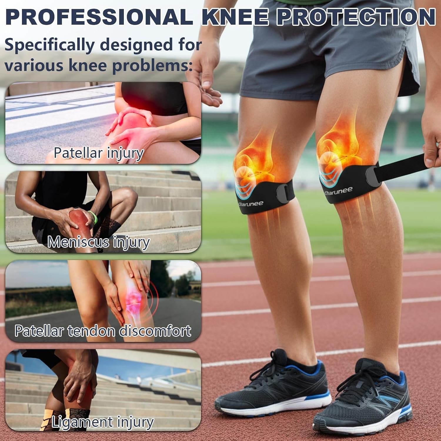 Charunee 2 Pack Patellar Tendon Support Strap Knee Brace for Women & Men,Silicon