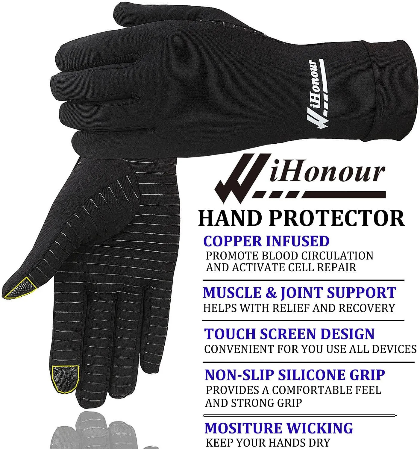 2 Pairs Copper Infused Full Finger Compression Gloves Arthritis Pain Relief M…
