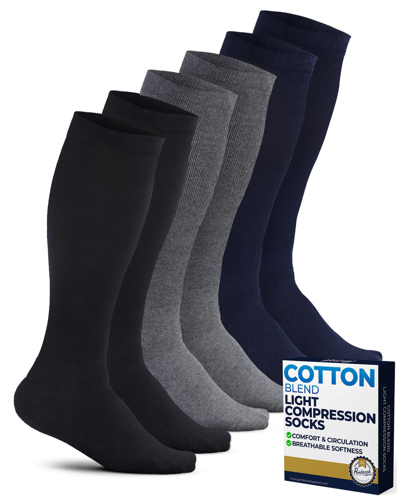 Pembrook Cotton Light Compression Socks for Women & Men – 3 Pairs | 8-15 mmHg