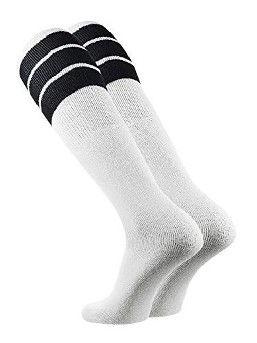 Retro Tube Socks with Stripes for Men & Women – 3 Stripe, 70’s Large Black