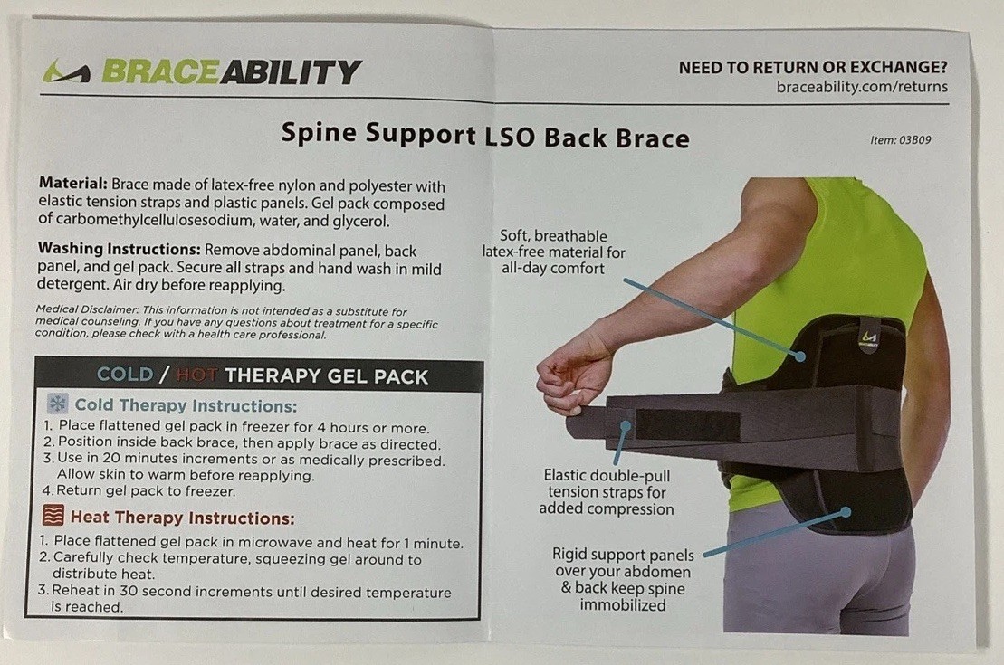 BraceAbility LSO Back Brace 3XL Rigid Spine Support Hot Cold Gel Pack