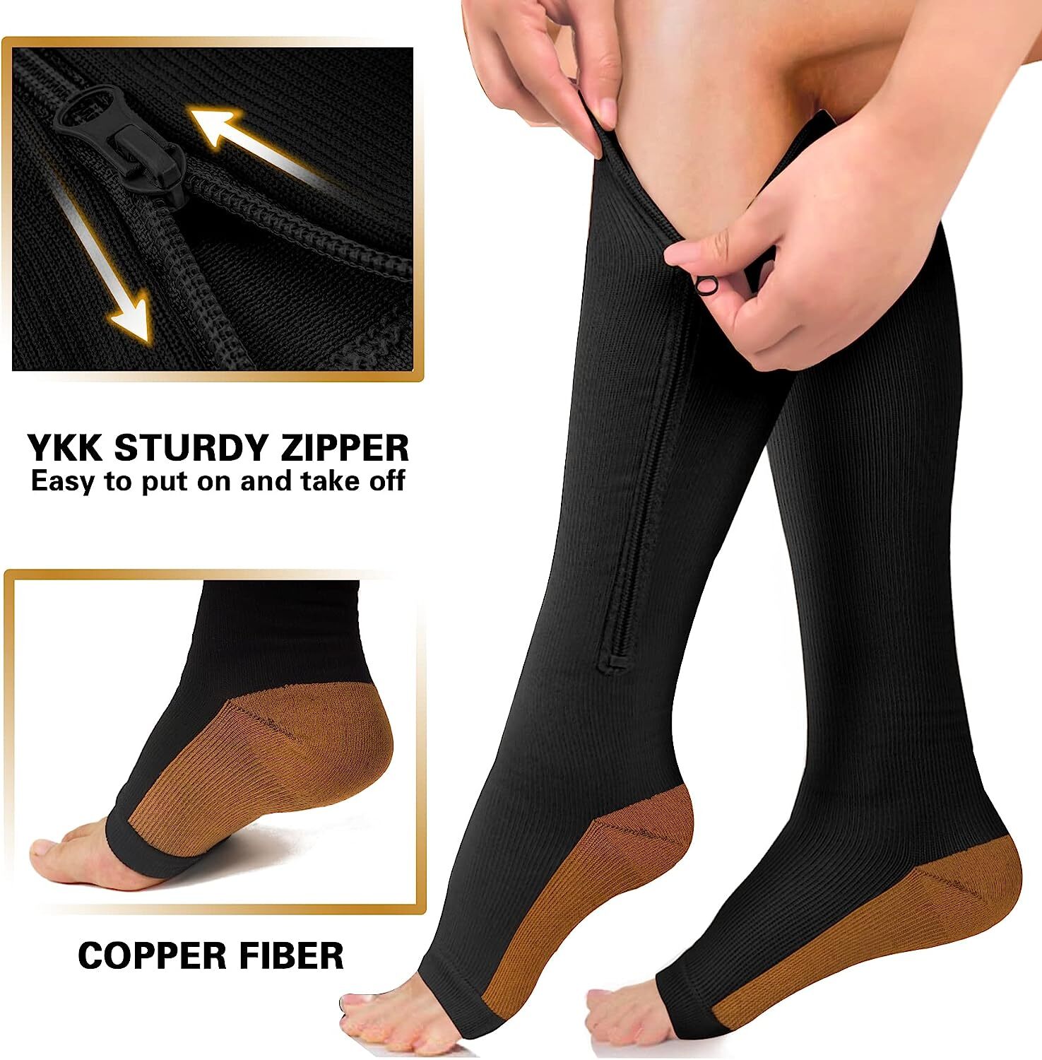 Zipper Compression Socks Graduated 20-30mmHg Flight Stockings Open Toe Support