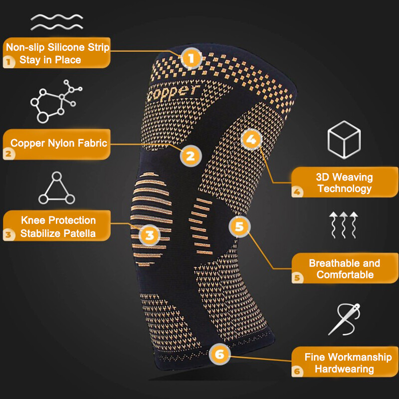 Copper Knee Brace Compression Sleeve Support Joint Arthritis Pain Relief Sports