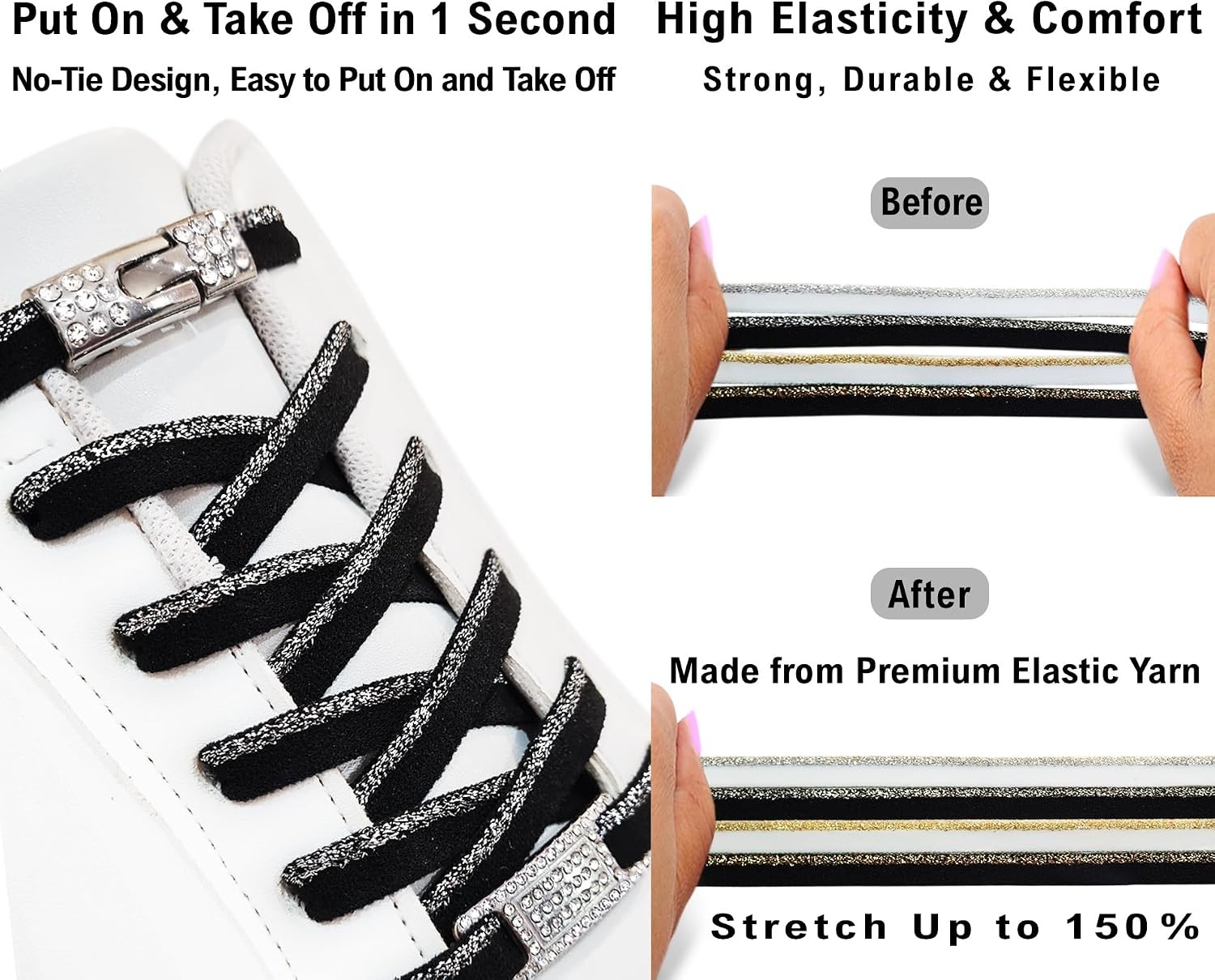 Elastic No Tie Shoe Laces with Bling Diamond Locks & Charms for Women’s Sneakers