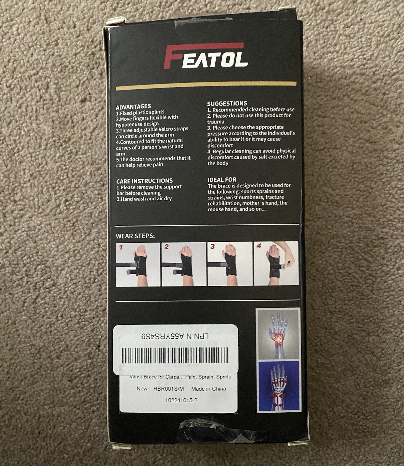 NEW Unisex Black Carpal Tunnel Sprain Wrist Brace sz S/M for Right Hand FEATOL