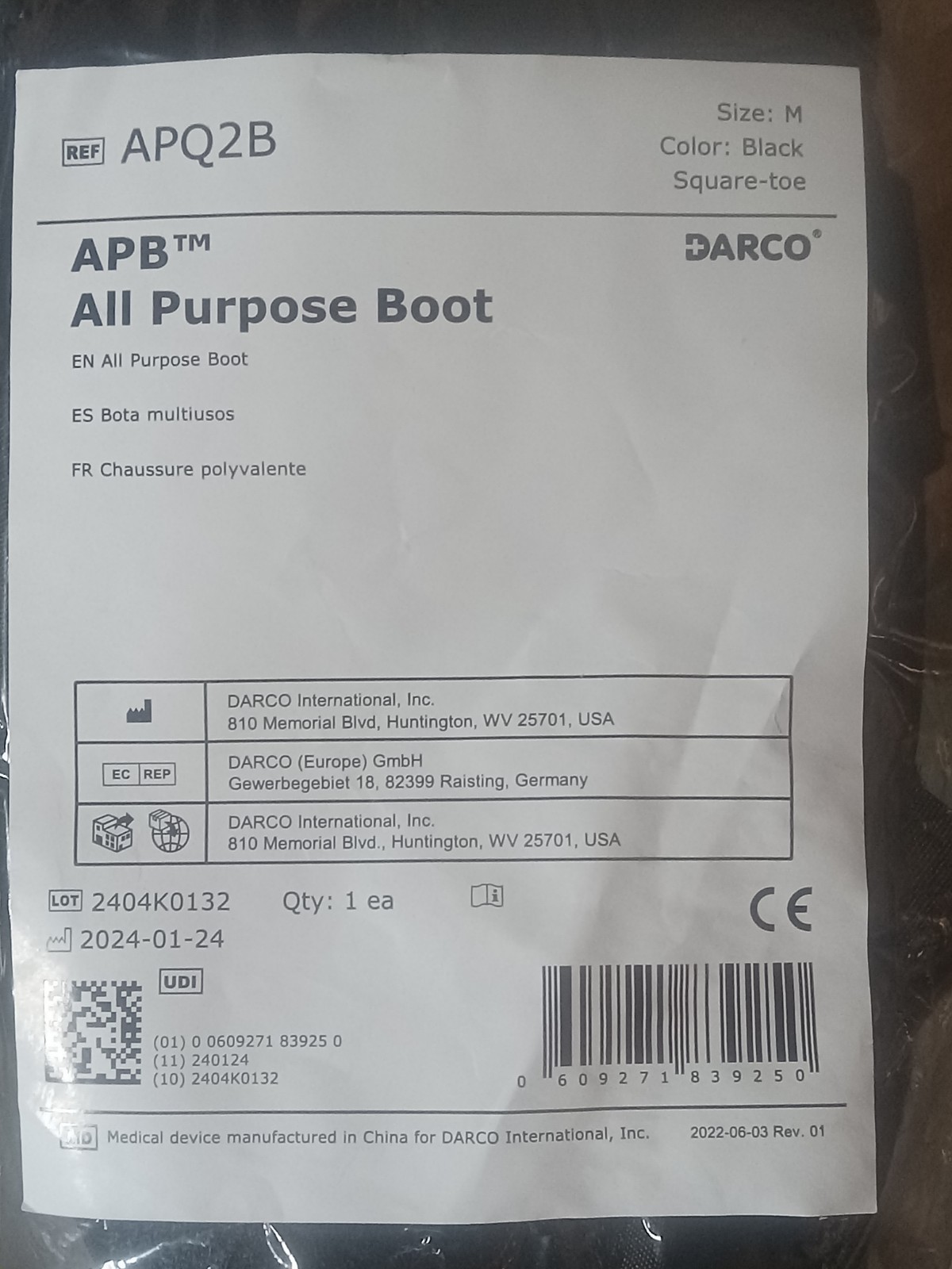 DARCO APQ2B APB ALL PURPOSE BOOT SIZE M MEDIUM BRAND NEW BLACK SQUARE-TOE SHOE