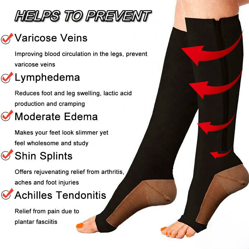Best Zipper Compression Socks For Women Men Zip High Knee Stockings Open Toe US
