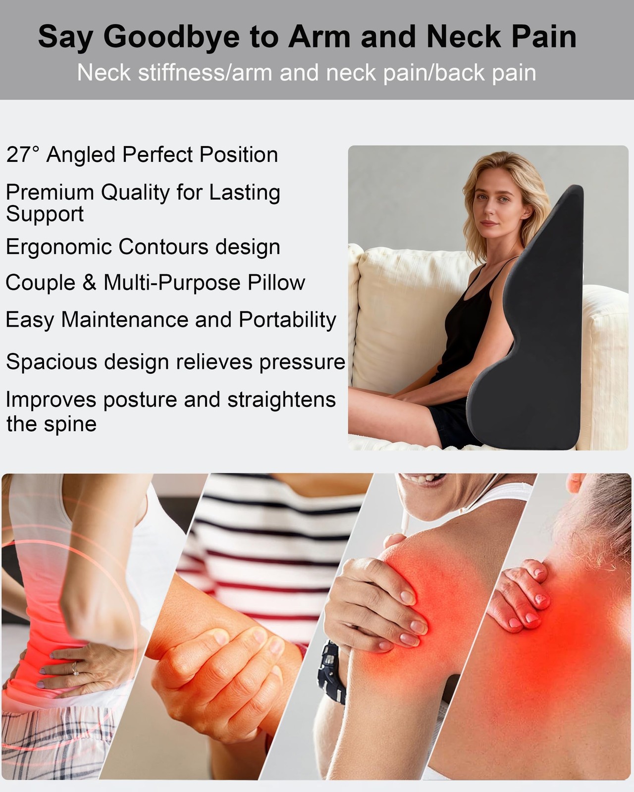 Ergonomic Memory Foam Wedge Pillow, 27° Angled Support for Neck and Waist,