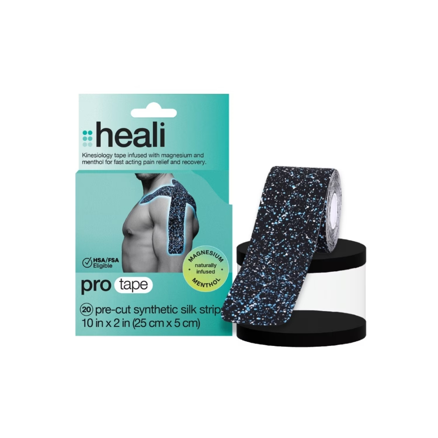 Heali PRO Kinesiology Tape, 20 Pre-Cut Strips, Synthetic Silk, Blue