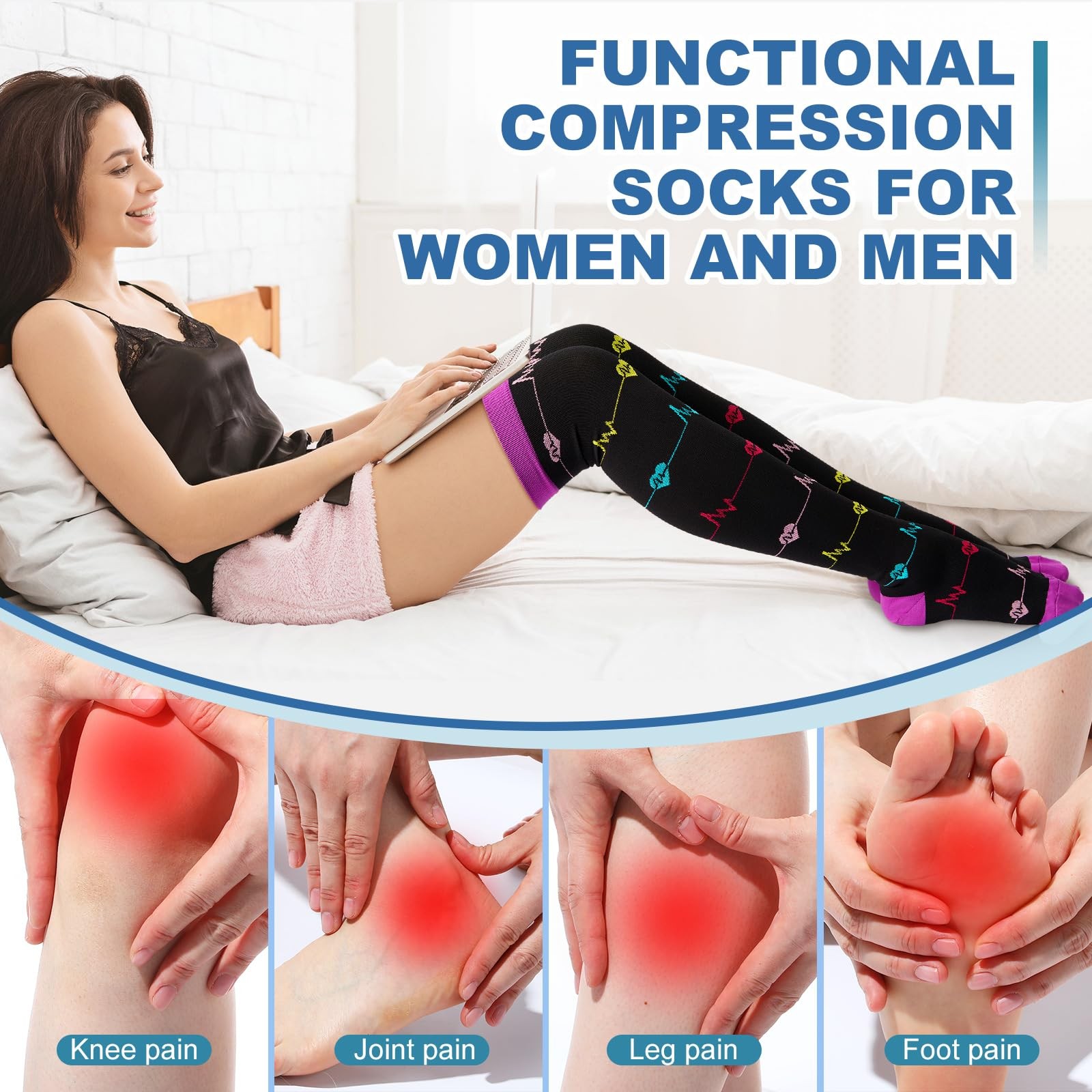 Chicingyo 6 Pairs Thigh High Compression Socks for 15-20 mmHg, Multicolor