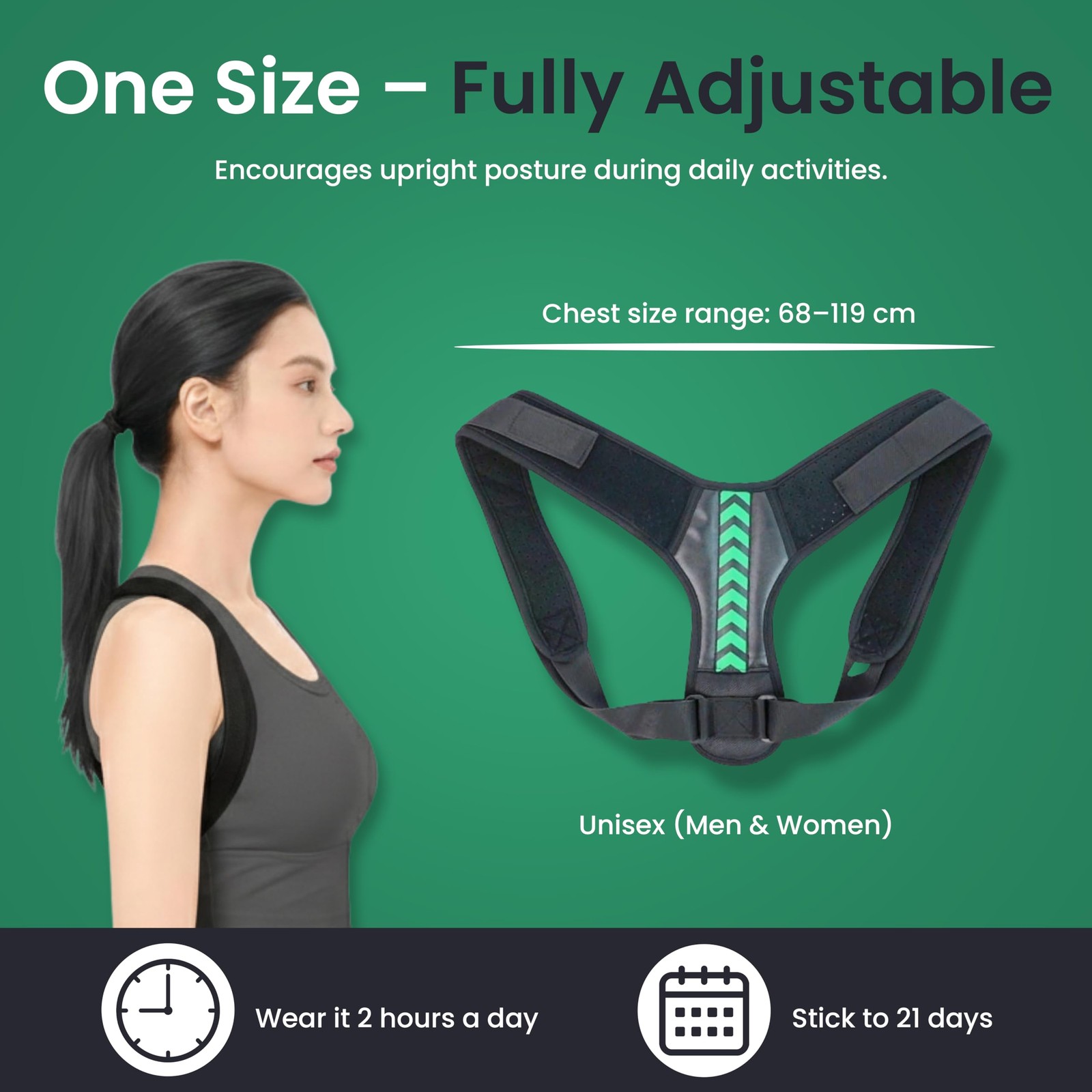 Posture Support Brace for one size (Adjustable), Black with Green Accent