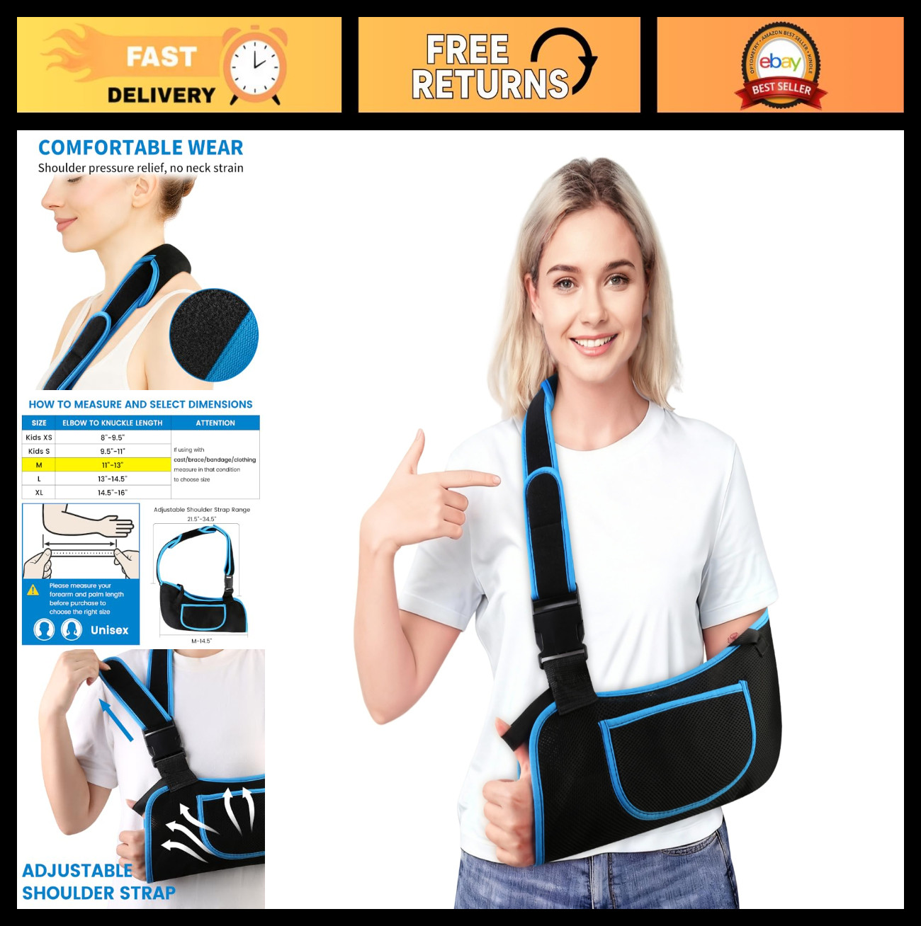 Adjustable Arm Sling Shoulder Immobilizer for Elbow & Wrist Injury Recovery, Com