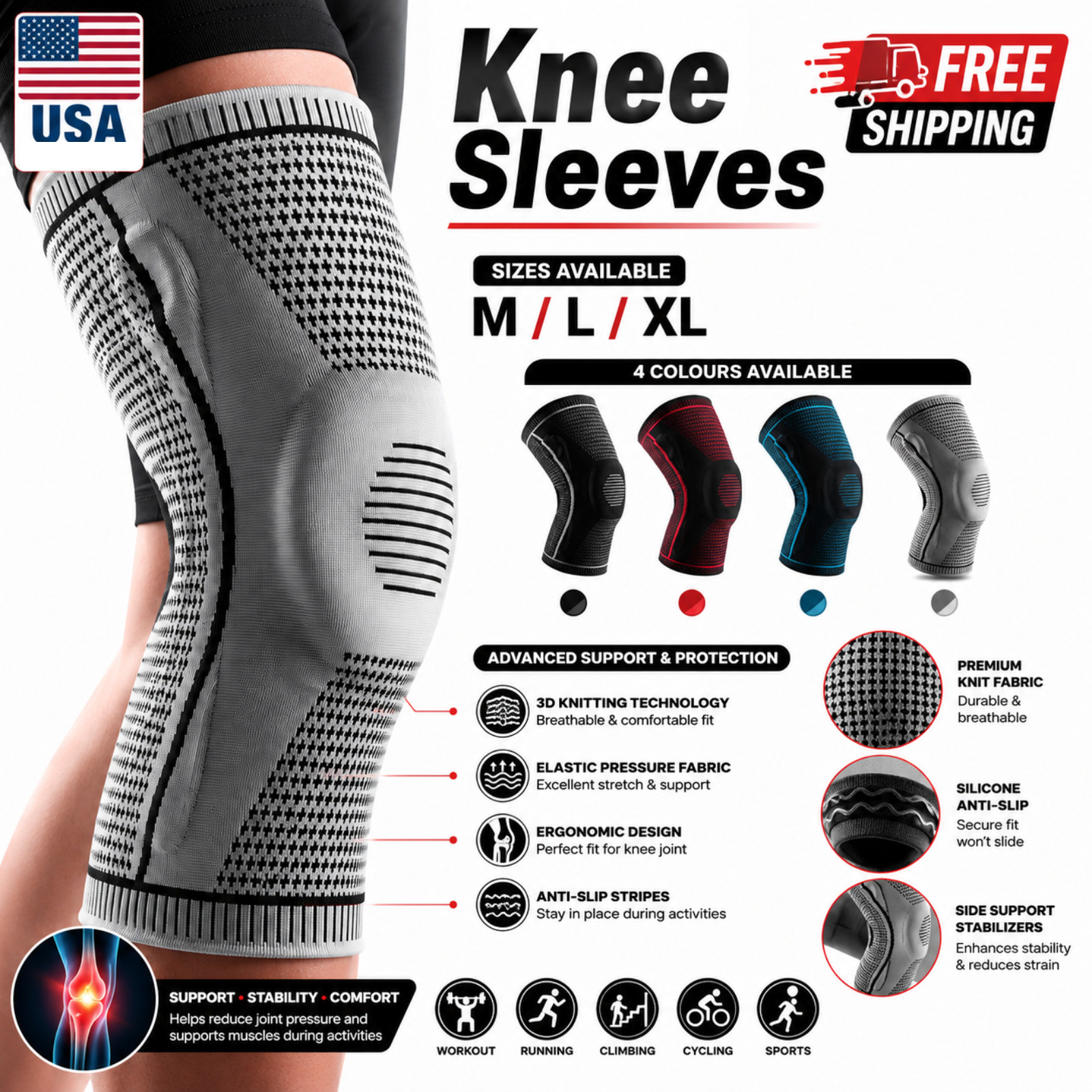 Knee Sleeves Compression Brace Support Sport Joint Injury Pain Arthritis Relief