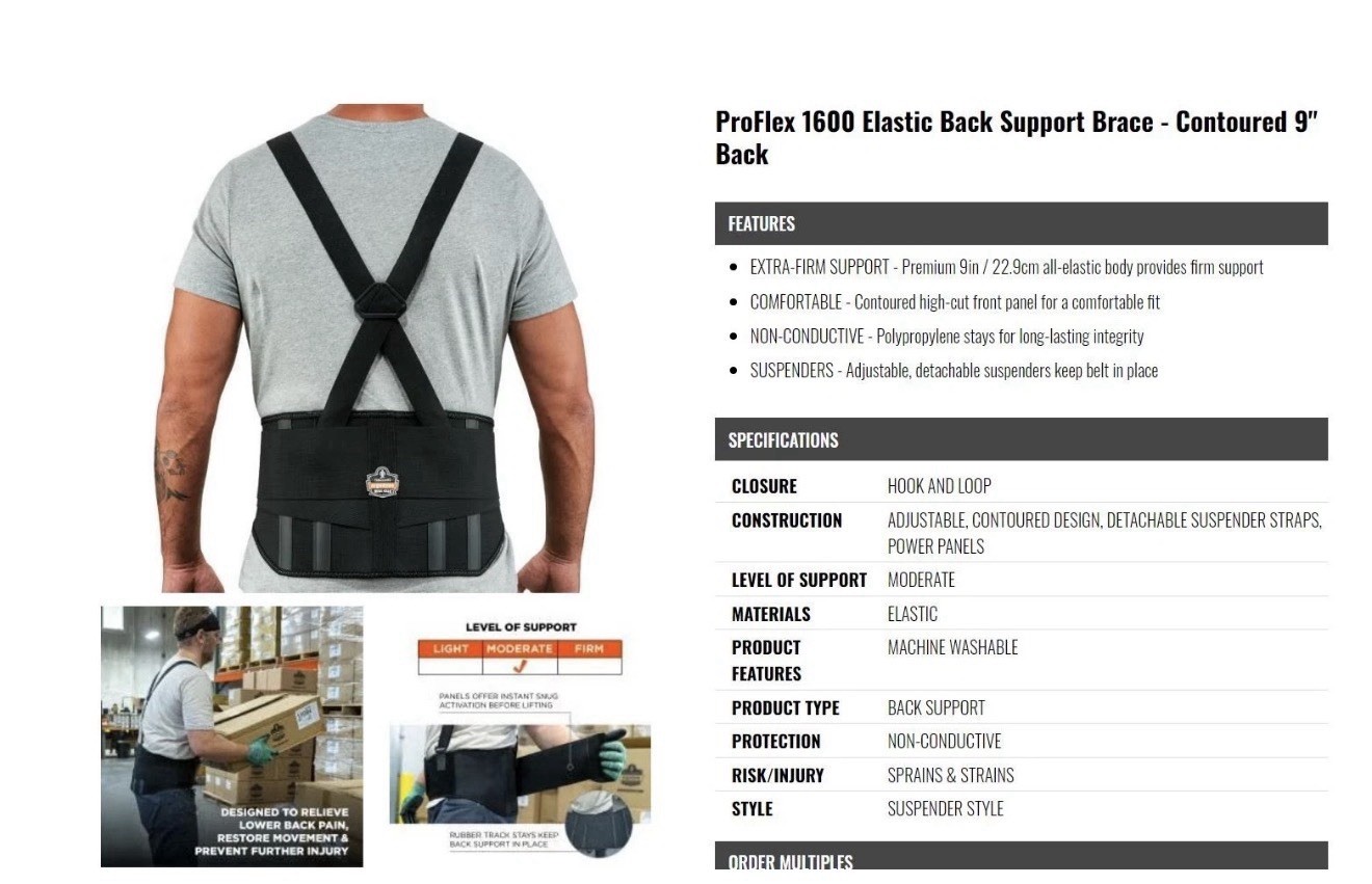Medium Back Support Brace 9″ High Support Ergodyne ProFlex 1650 “New”