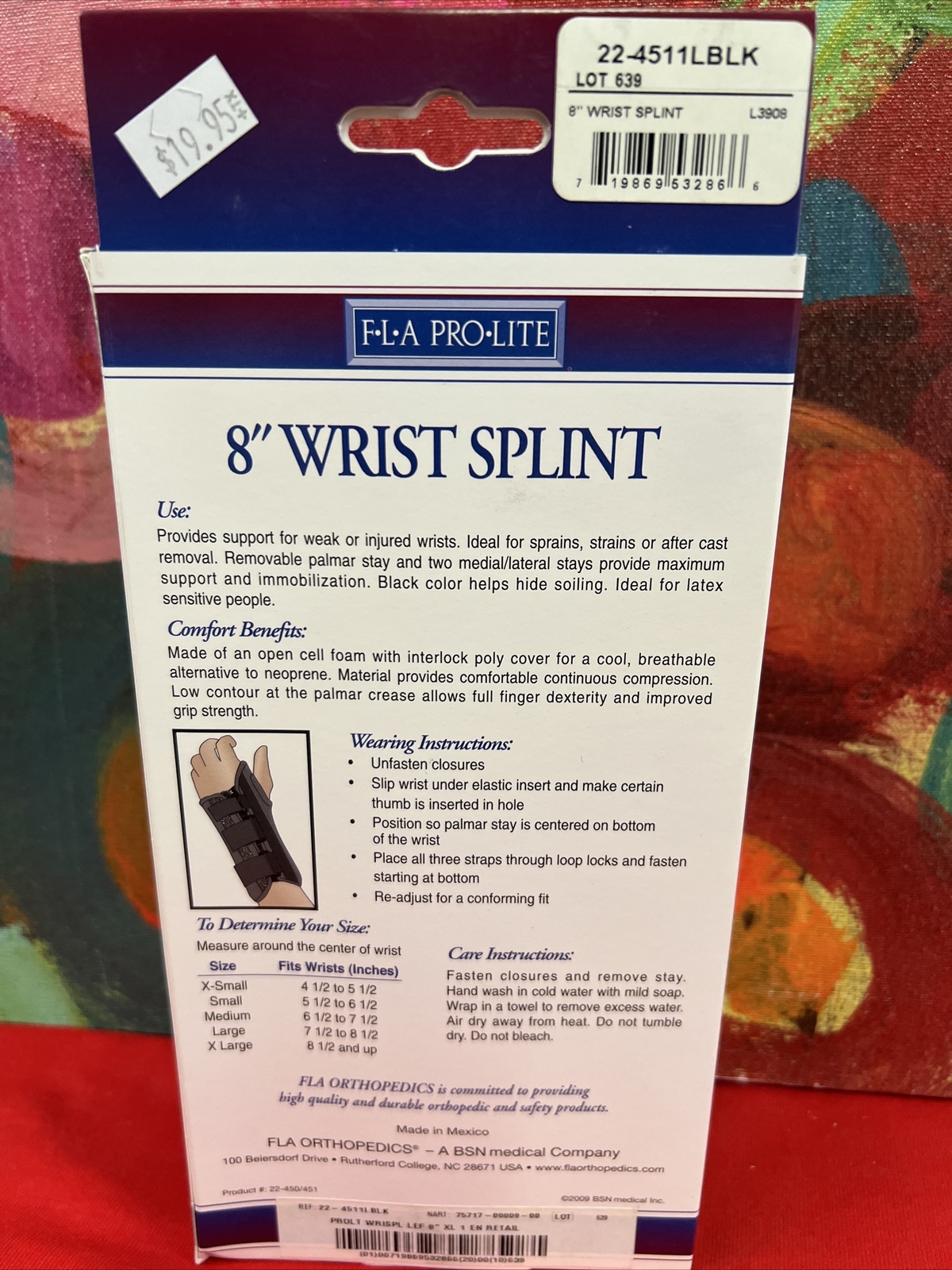 F-L-A Pro Lite 8″ Left Wrist Splint Brace Size XL Black New In Box