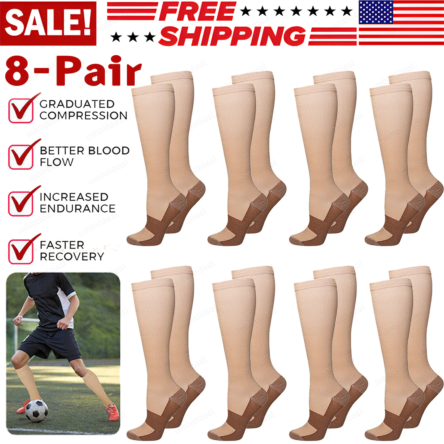 8 Pairs Copper Compression Socks 20-30mmHg Graduated Support Mens Womens S/M-XXL
