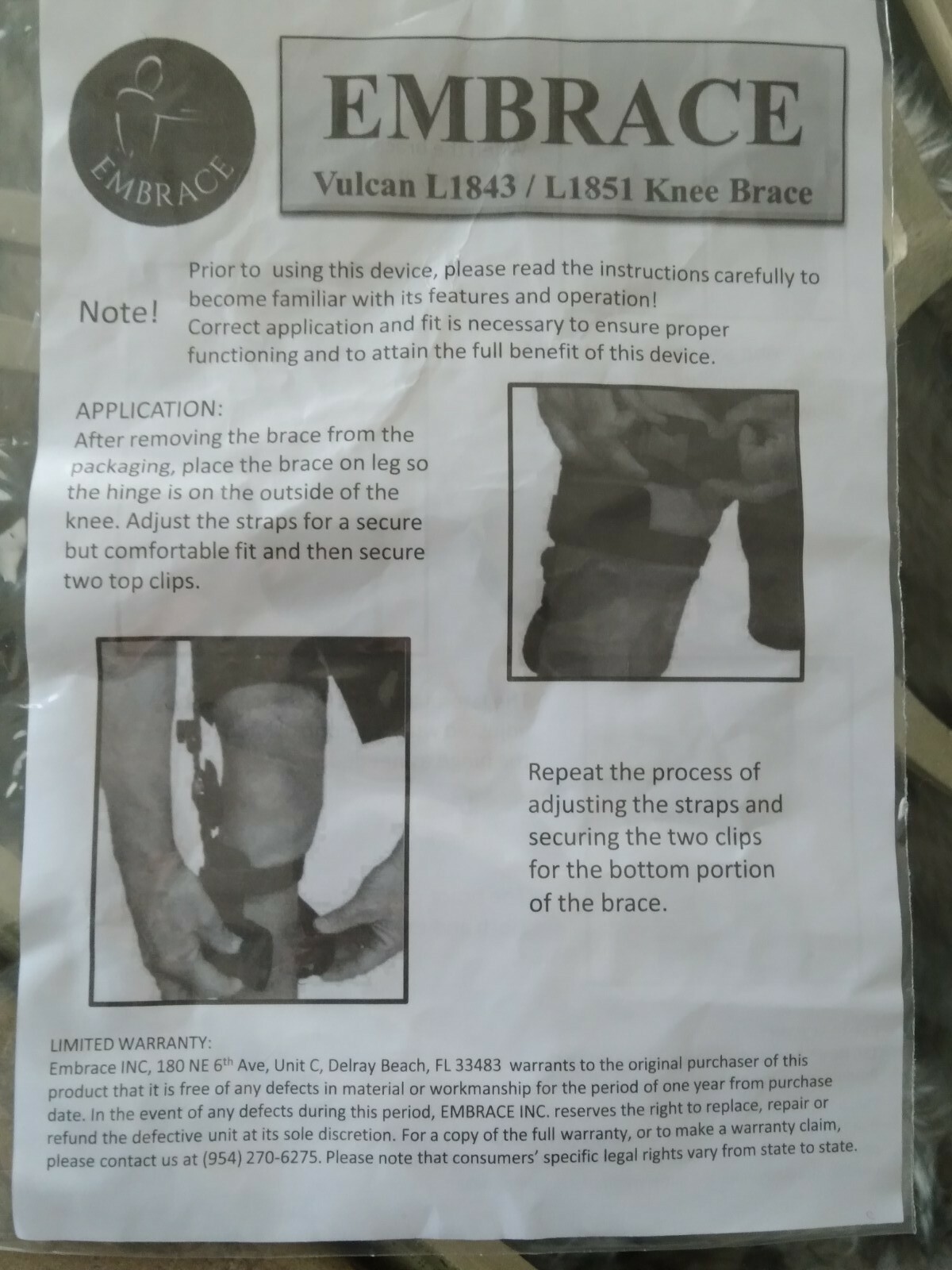 Embrace Vulcan Universal Size OA Right And Left Knee Brace L1843/L1851