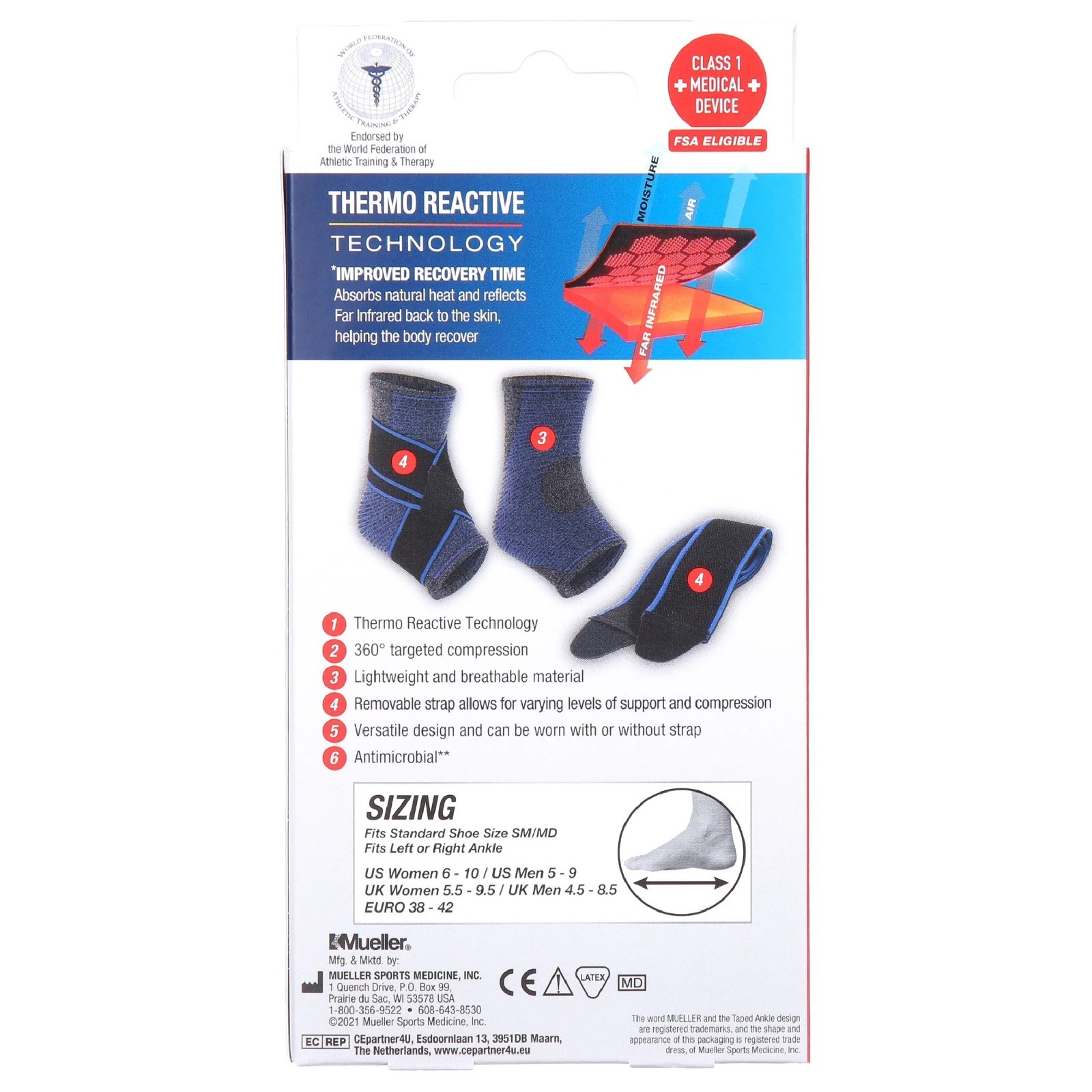Mueller FIR 4 Way Stretch Ankle Support Brace w Straps SM/MD
