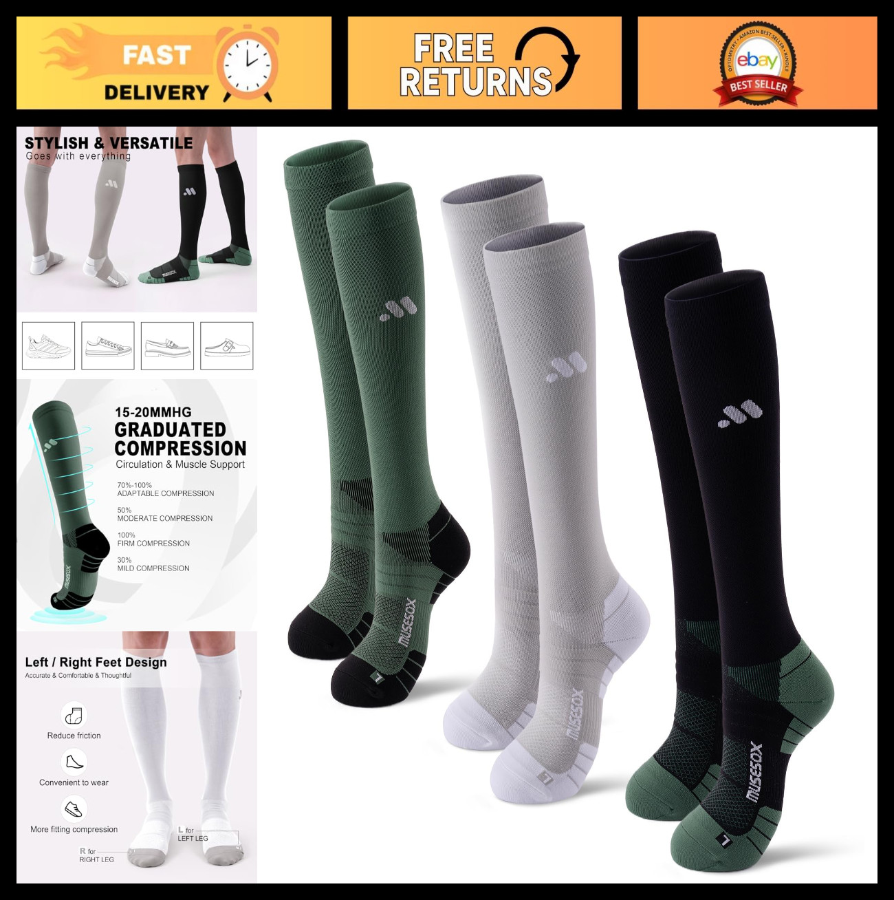 Knee High Compression Socks 15-20mmHg for Men & Women – 3 Pairs, Circulation Sup