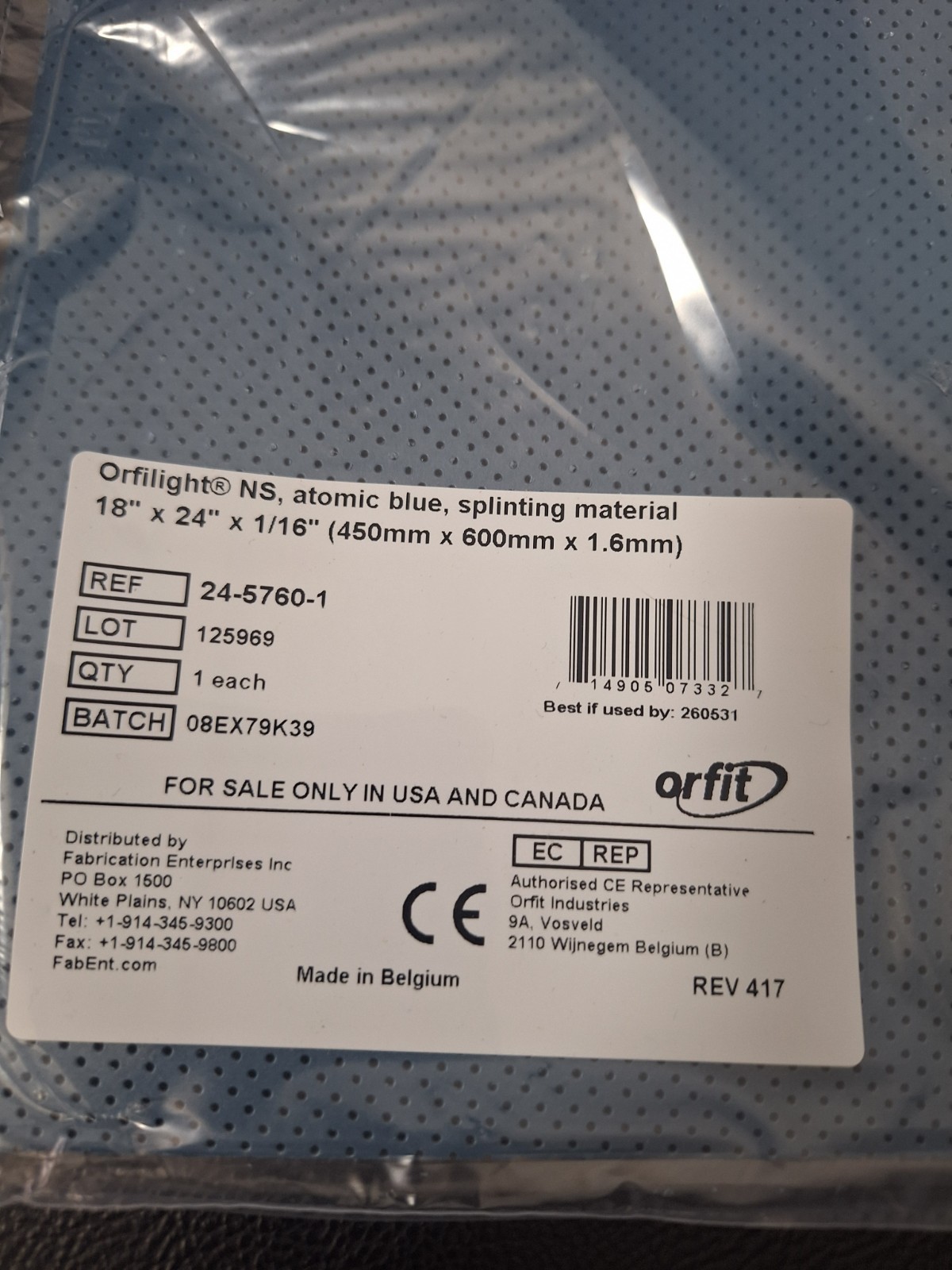 Orfilight® NS, atomic blue, splinting material18″ x 24″ x 1/16″ (450mm x 600mm