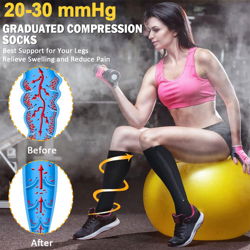 Zip-Up Compression Socks 20-30 mmHg GRADE Knee-High Unisex Leg Support NUDE