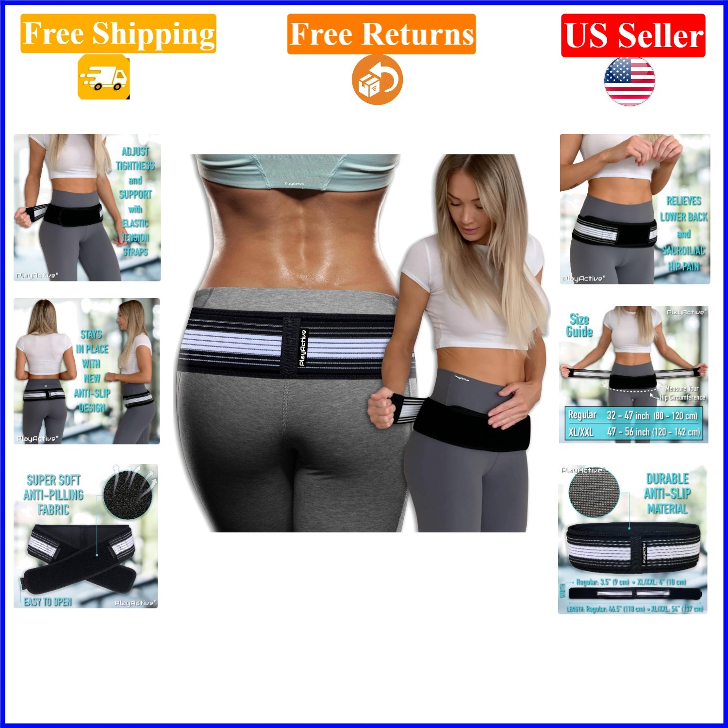 Sacroiliac SI Joint Hip Belt for Adults, Black & White, 32-47 Inch