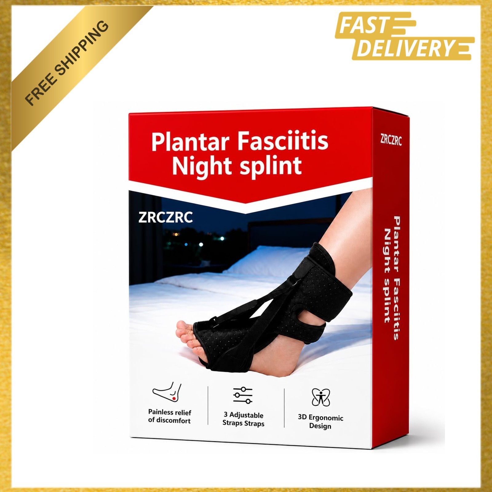 Plantar Fasciitis Night Splint Foot Brace Adjustable Memory Foam Heel Support