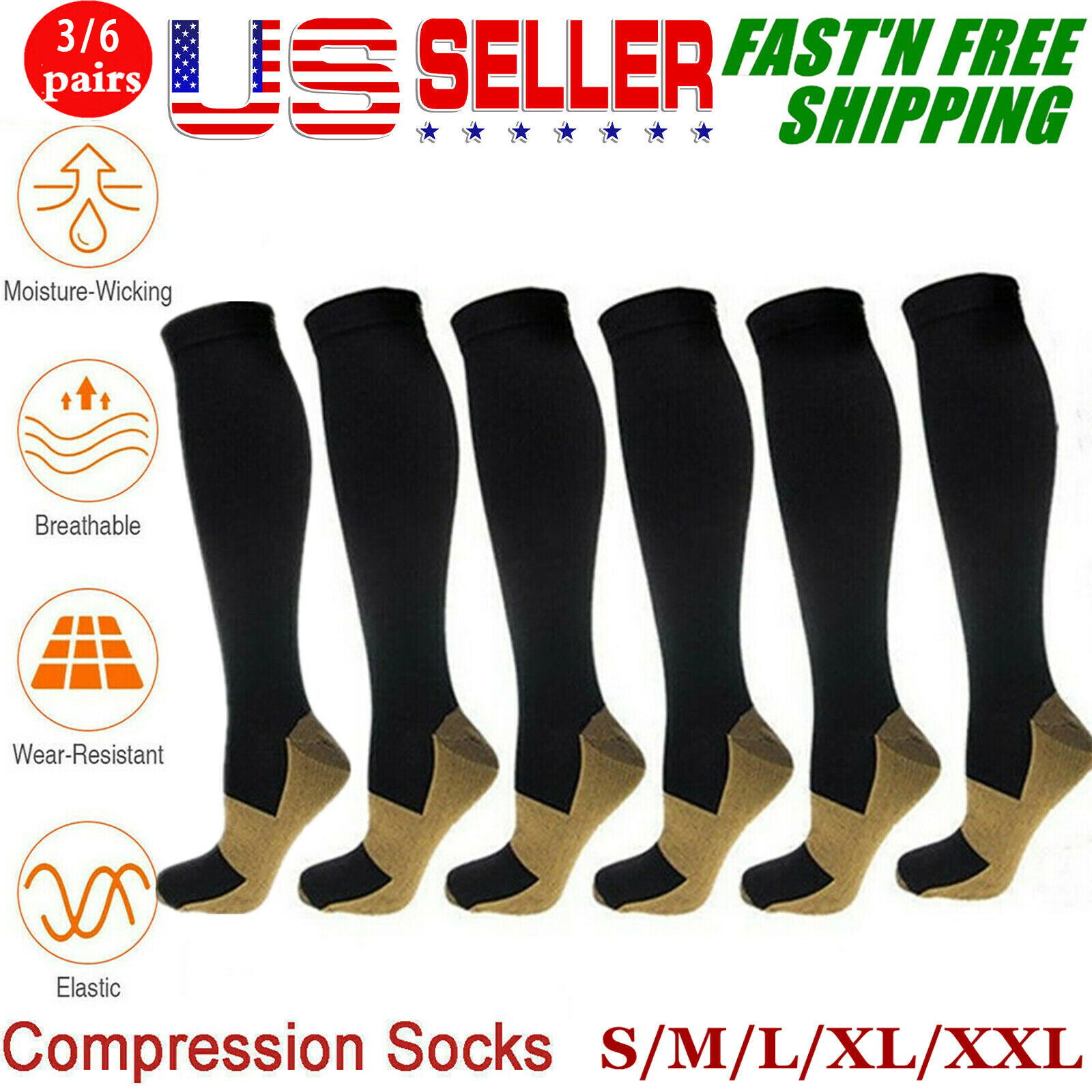 6 Pack Compression Socks (20-30mmHg) Moisture Wicking Cotton Support Stocking US