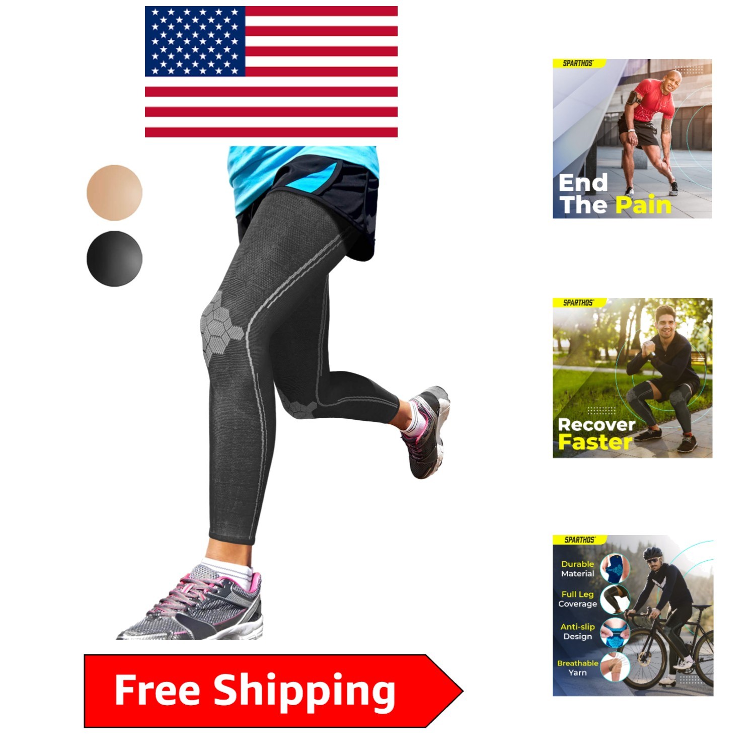Midnight Black Full Leg Compression Sleeves – Pain Relief & Support for Sports