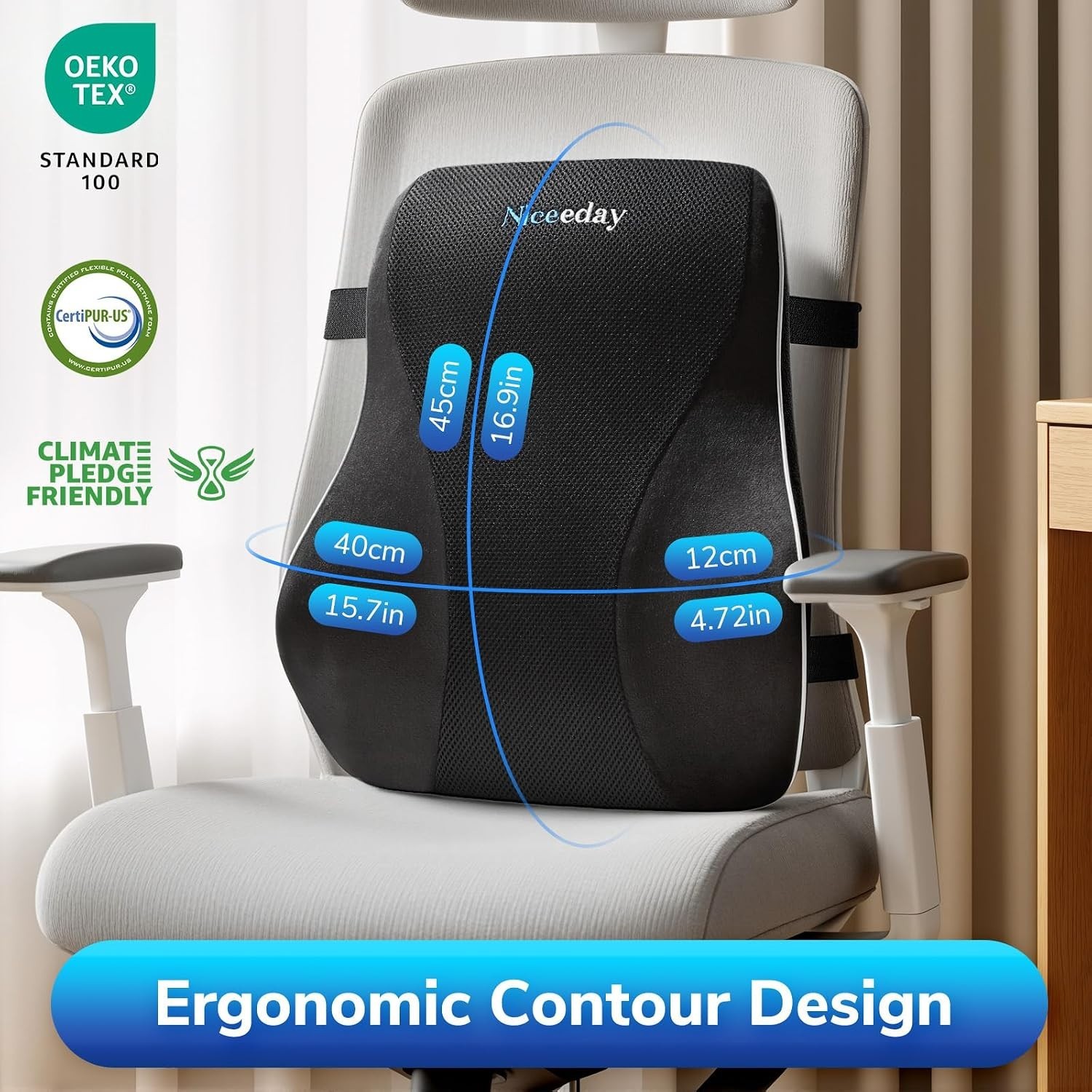 Niceeday Memory Foam Lumbar Support Pillow Office Chair Car Back Cushion Black