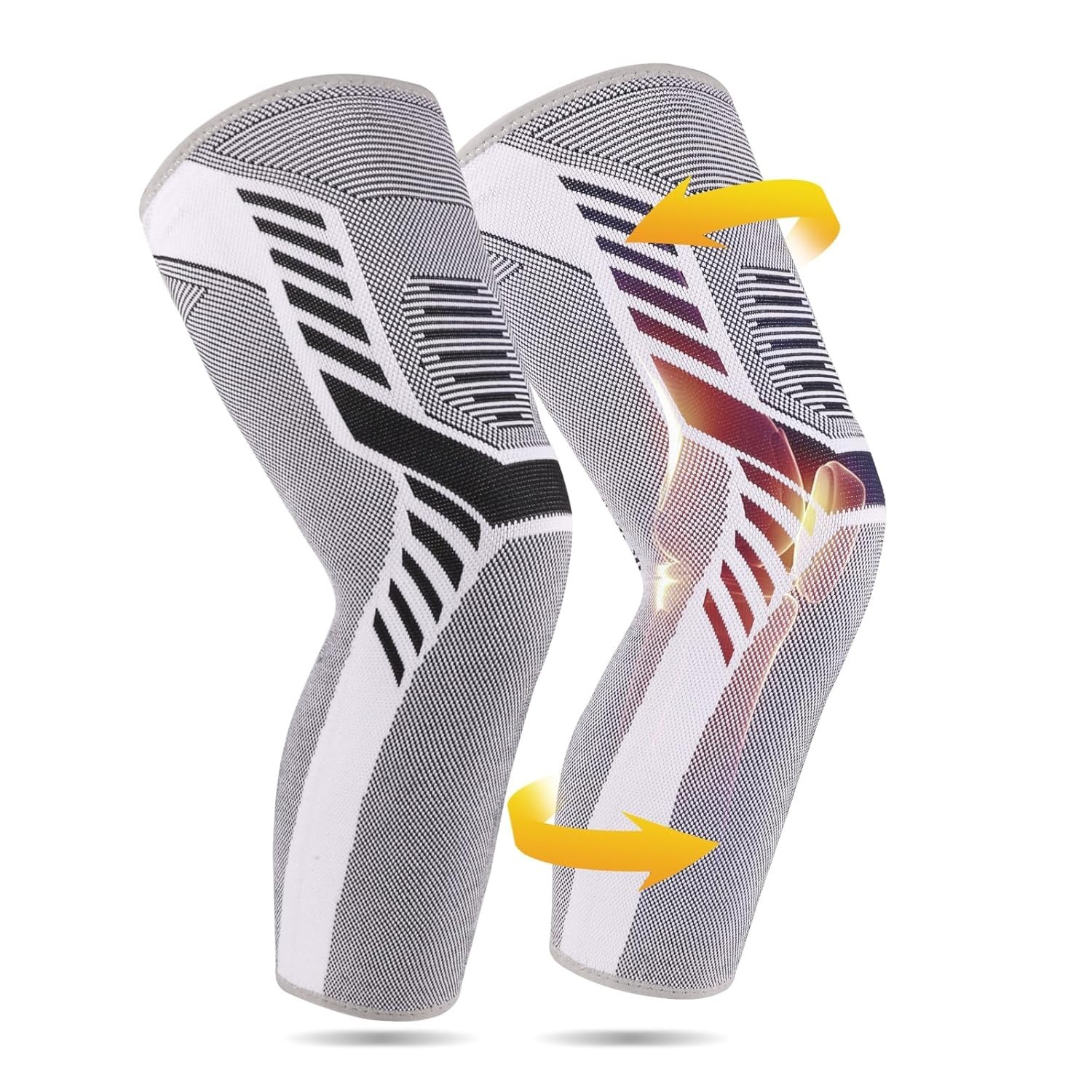2 Packs Grey Leg Compression Sleeve Long Knee Braces Support, Non Slip Silicone