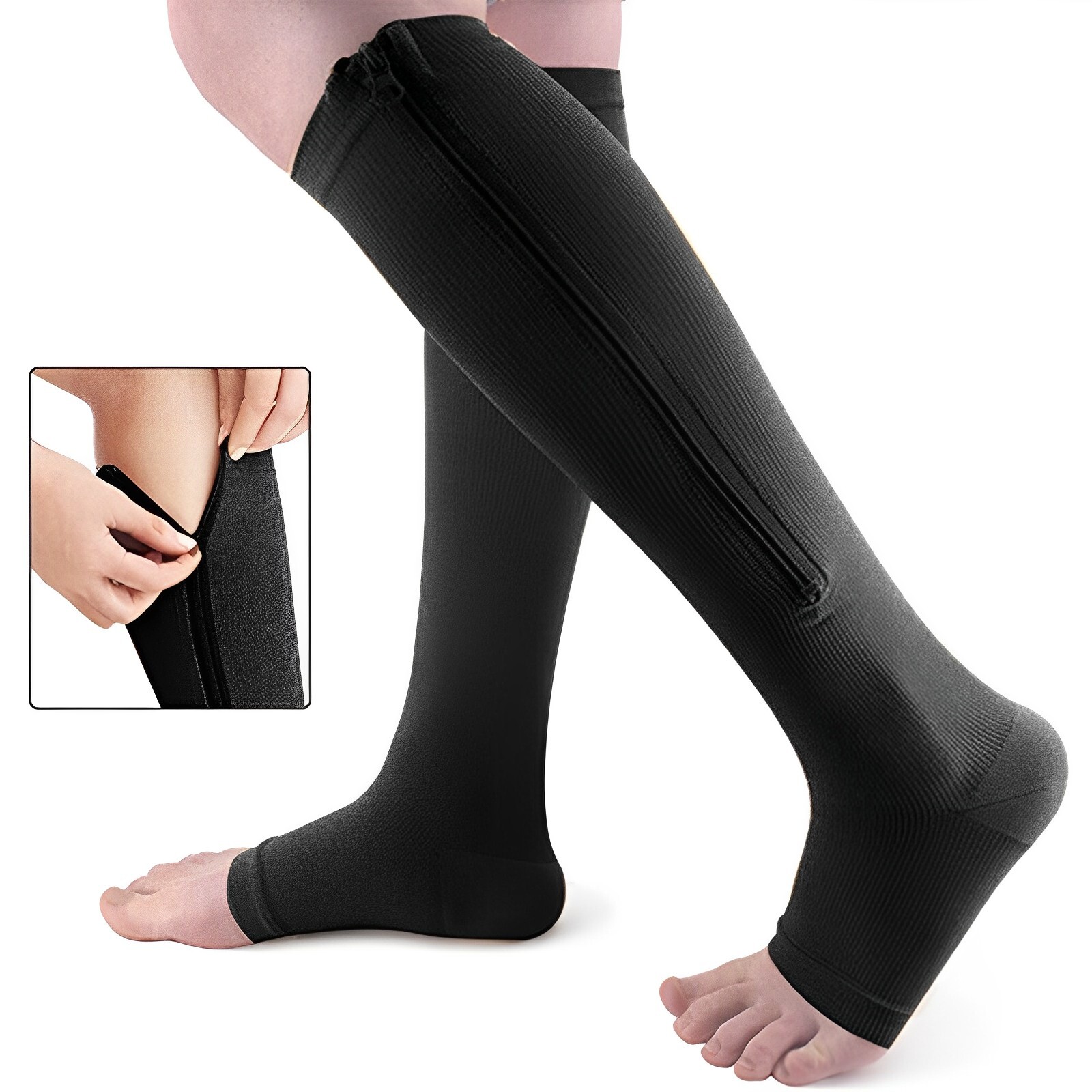 3 Pair Zippered Compression Socks Open Toe 30-40mmHg with Zipper Safe Protection