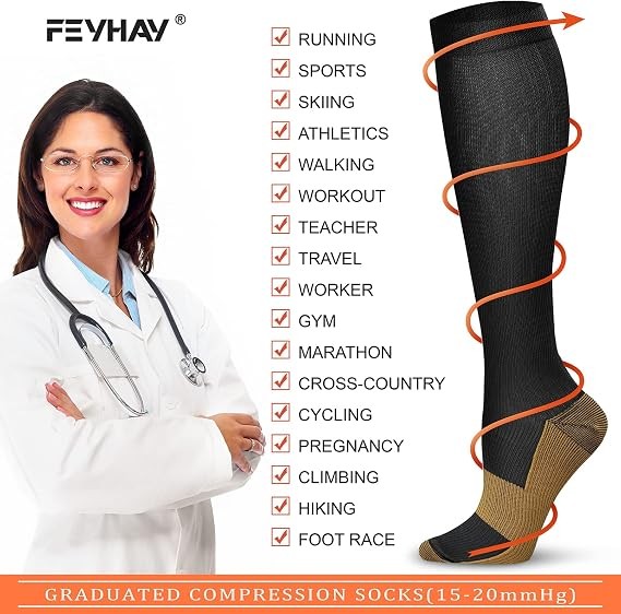 8 Pairs Copper Compression Socks 15-20 mmHg Knee High Support for Men Women