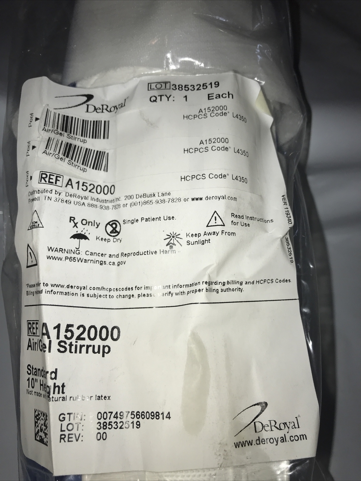 DeRoyal Air Ankle Stirrup Ankle Brace NEW. This Is Air/Gel Standard 10” A152000